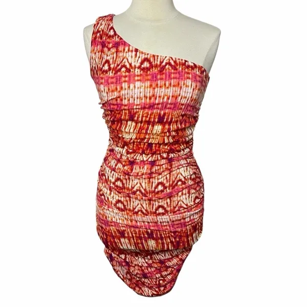 MISCREANTS One-Shoulder Ruched‎ Mini Bodycon Dress Orange Tie-Dye UK 8 / US 4 - Image 3