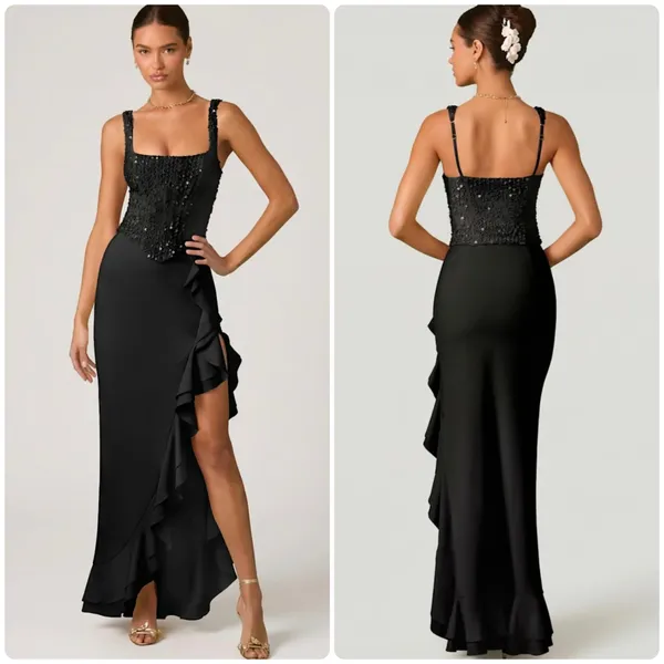 Oh Polly Robina Embellished Ruffle-Trim Corset Gown Maxi Dress in Black size 8 - Image 2