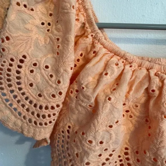 Eyelet Off Shoulder Dress Ruffle Sleeves Summer Casual Peach Mini - Image 2