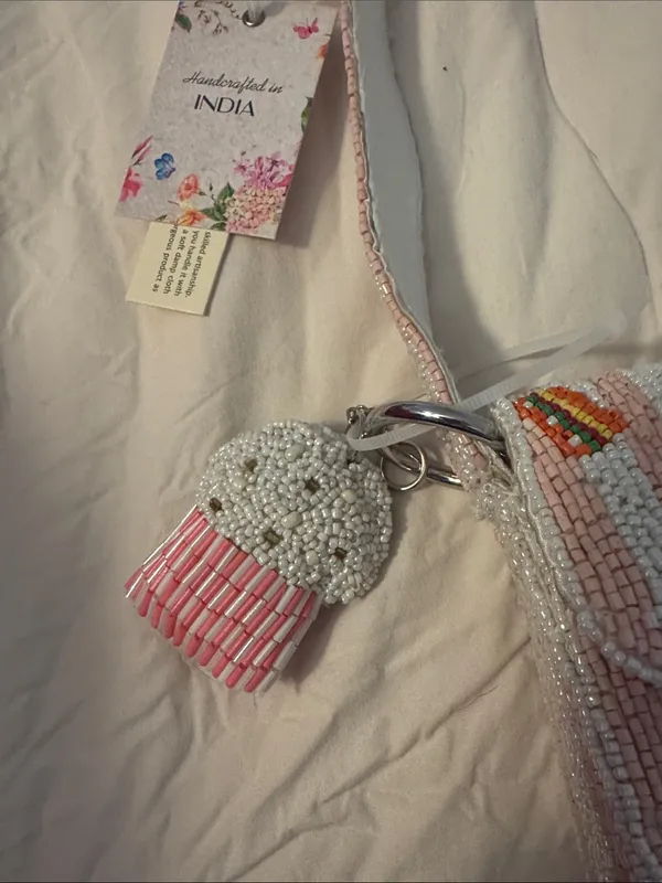 Made in India Pink Beaded Novelty Food Shoulder Bag with Beaded Bag Charm - Image 4