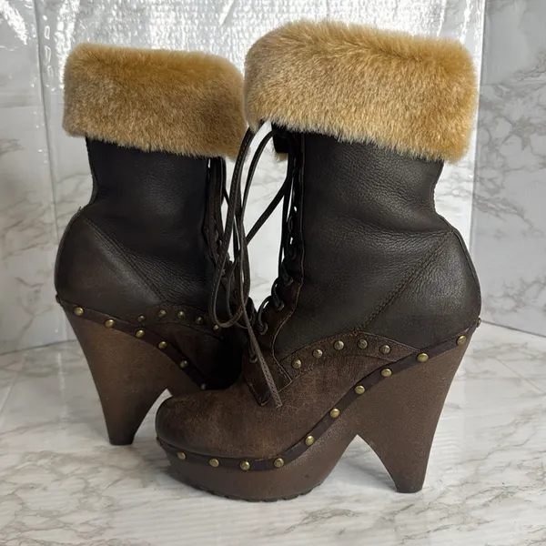 Sam Edelman Winsford Brown Leather Lace‎ Up Clogs Fur Booties Size 6.5M festival - Image 8