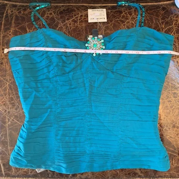 Vintage Y2K Bebe Teal Silk Pleated Cami Top Jeweled Brooch NWT Small - Image 6