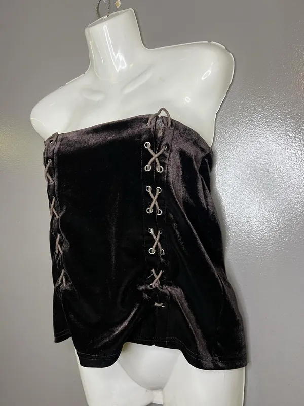 Forever 21 Tank Top Womens Medium Brown Velvet Strapless Lace Up Corset Party - Image 4