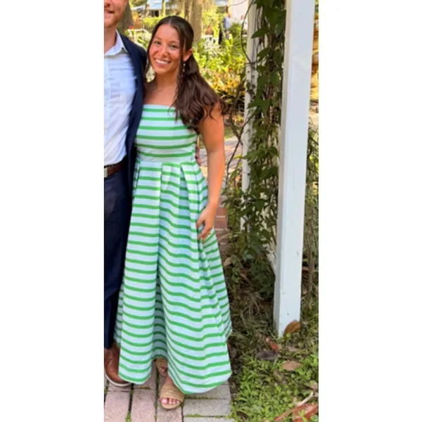 ENGLISH FACTORY Pleated Stripe Midi Dress in Green Stripe Size Medium - Image 3