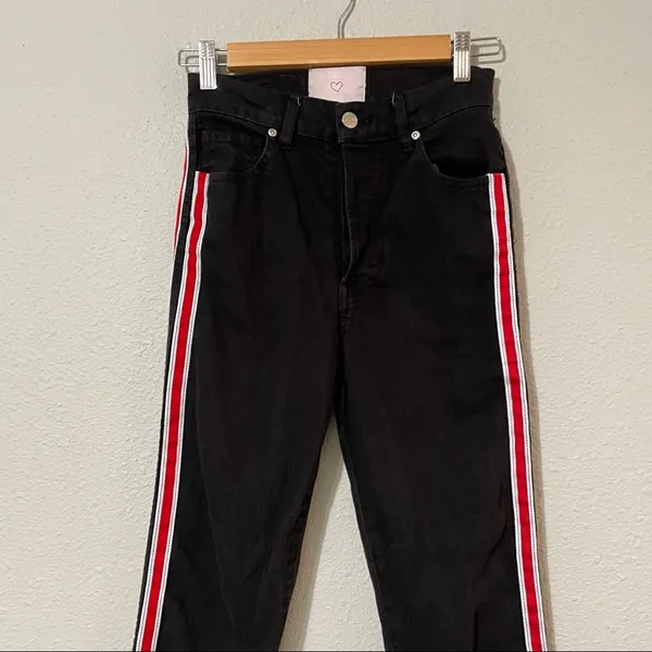 Revice Denim Black Button Fly High Rise Red Stripe Skinny Jeans Womens 25 Raw Hem - Image 7