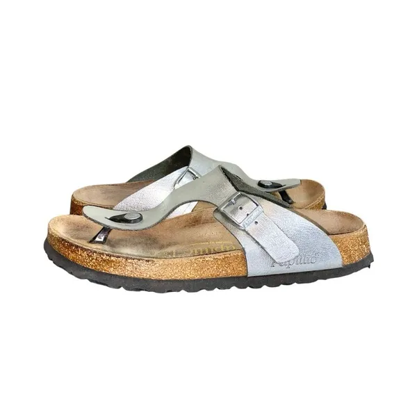 Papillio By Birkenstock Gizeh Metallic Silver Leather Slip-On Thong Sandals 39 - Image 4