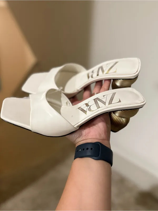 Zara White Women's Open-Toe Heeled Sandals with Sculpted Gold Heel - Image 6