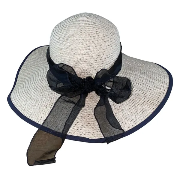 Wide‎ Brim Paper Straw Sun Hat Beige Black Organza Ribbon Bow Adjustable - Image 3