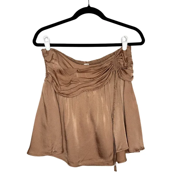Aerie Ruched Uptown Mini Skirt Size Large Boho Pebble Brown Satin Festival Party - Image 2