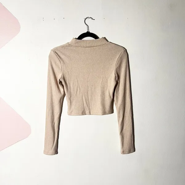OGL Crop Top Women's Medium Beige Ribbed Mock Neck Long Sleeve - Image 2