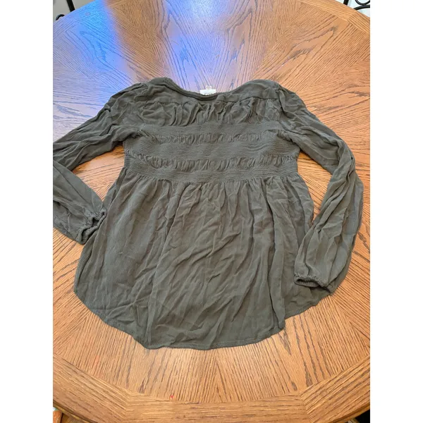 Knox Rose Women Olive Green Smocked Button Front Long Sleeve Blouse Medium - Image 7