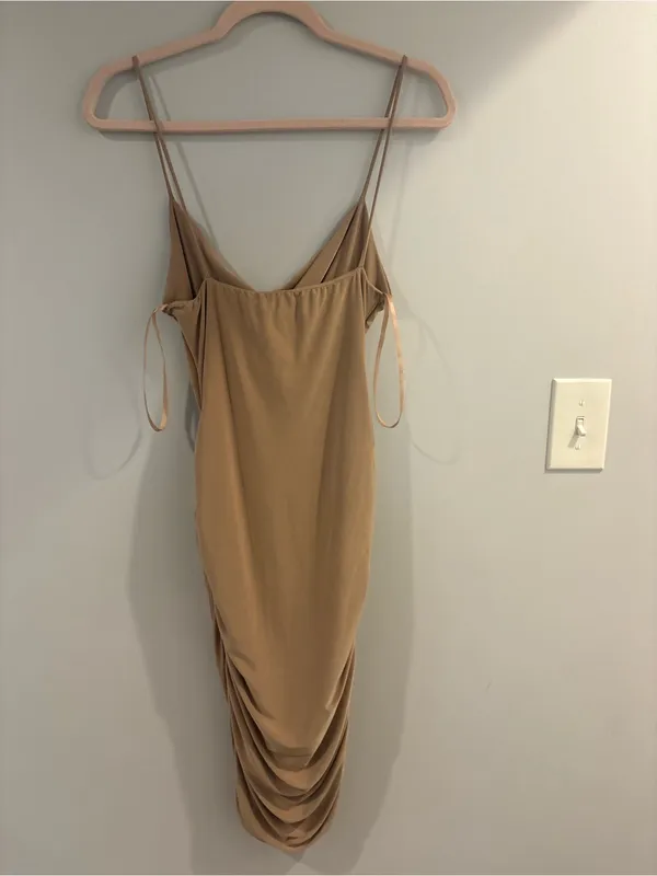 Ruched Tan Cutout Slip Mini Dress with Spaghetti Straps - Image 2
