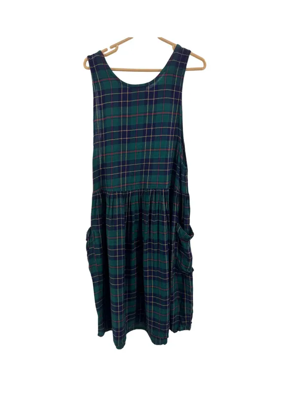 S.Roberts Green and Navy Plaid jumper Midi Dress drop pockets school girl vtg M - Image 2