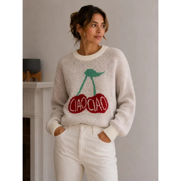 A New Day Cherry Graphic Sweater Women’s Medium Cream Knit Pullover Cozy Cute - Image 2