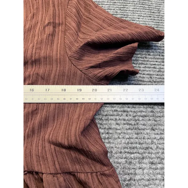 Brown V-Neck Babydoll Tiered‎ Short Sleeve Mini Dress Boho Relaxed Fit Large - Image 6