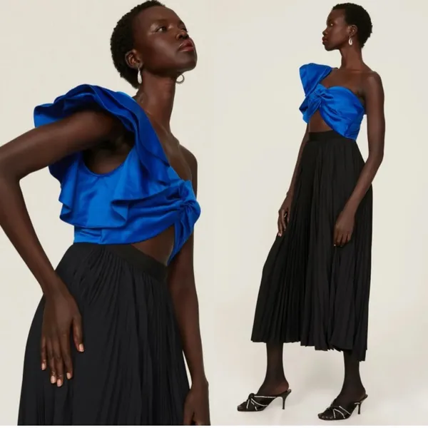 New! AMUR Cleopatra Pleated‎ One Shoulder Dress Black Blue Sz 6 $598 - Image 4