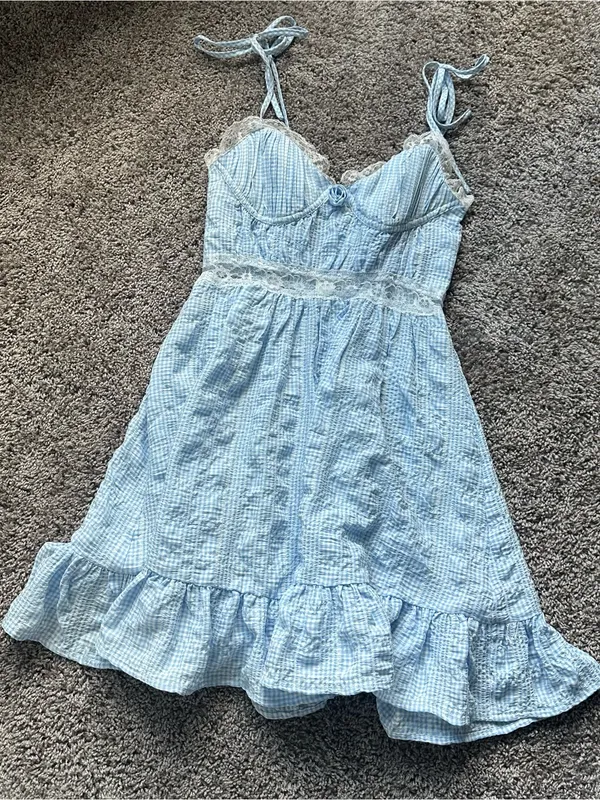 Light Blue Gingham Mini Dress with Lace Trim - Image 2