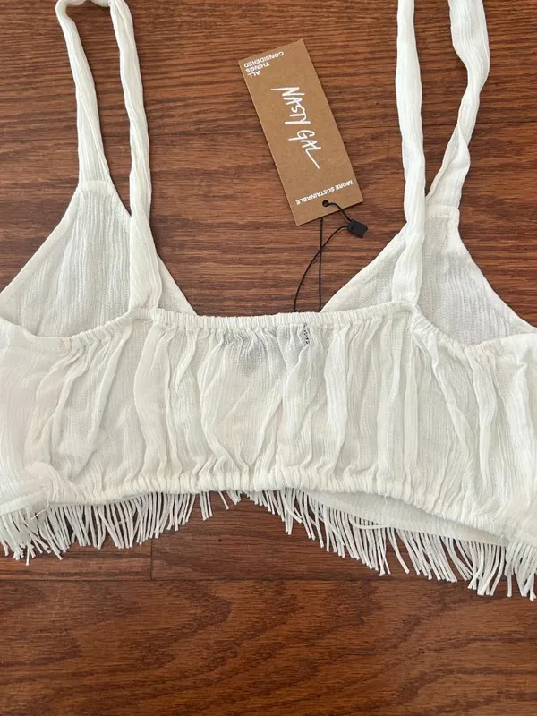NWT Nasty Gal Crinkle Fringe Hem Bralette Size Crop Top Size Small Size 4 Cream - Image 12