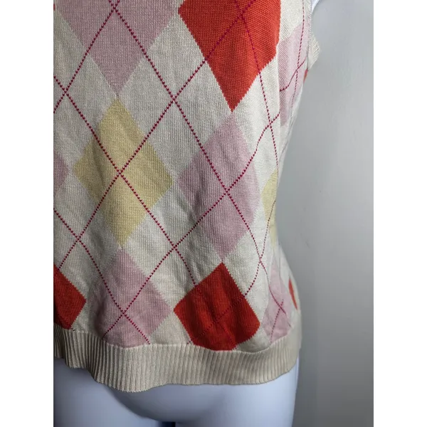 Brooks Brothers Silk Cotton Argyle V-Neck Sweater Vest Pink Orange Cream‎ Y2K M - Image 4