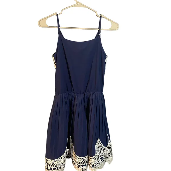 Navy Blue & Lace Embroidered Applique Sleeveless Fit & Flare Dress Women Sz S - Image 2