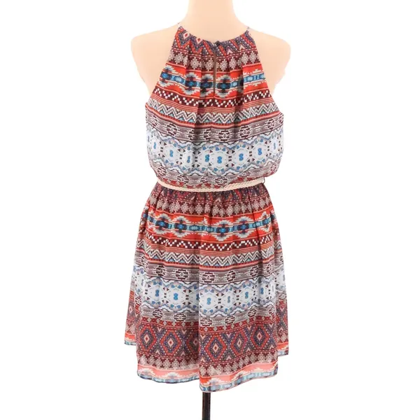 Southwestern‎ Halter Dress Womens Size M Red Blue Boho Boho Aztec Belt Chiffon - Image 5