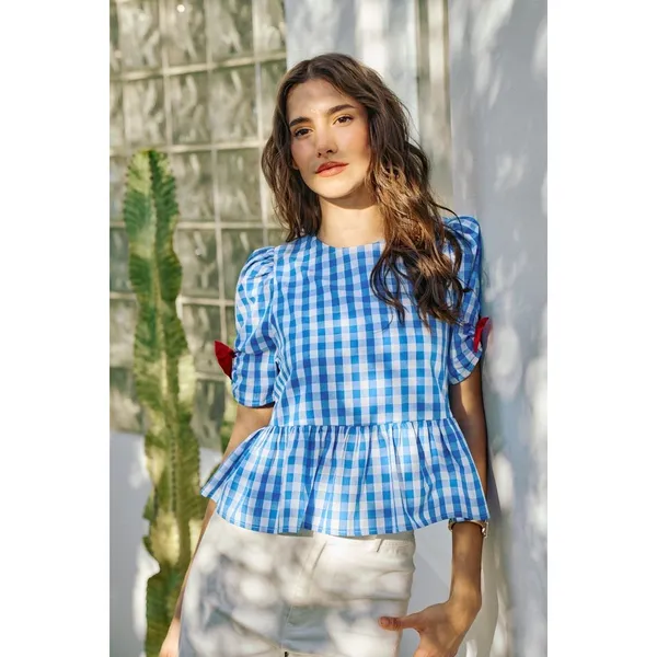 SO ME 4th Of July Gingham Ribbon Detail Short‎ Sleeves Blouse - Medium - Image 9