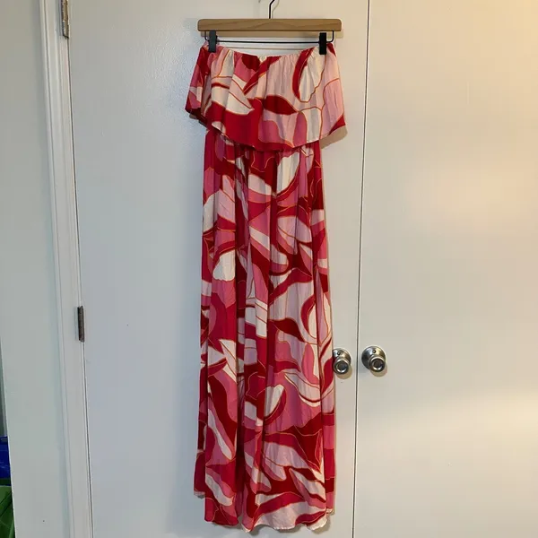 Japna | NWT Woman's Pink Red Abstract Floral Strapless Ruffle Maxi Dress, Size S - Image 2