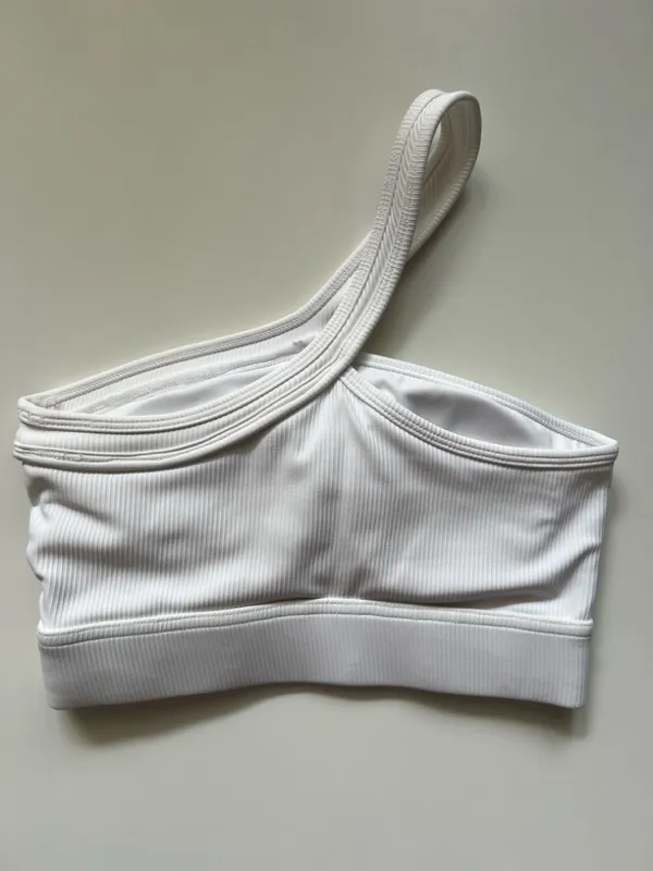 One Shoulder White Ribbed Seamless Crop Top Sculpting Minimalist Athleisure XS/S - Image 3