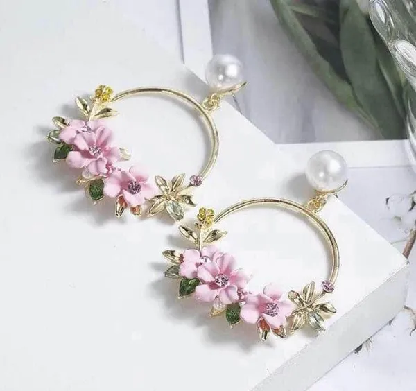 Women's Pearl Pink Crystal Flower Dangle Drop Hoop Earrings - Image 2