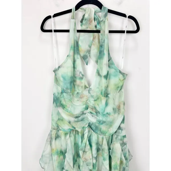 Lulus Febe Teal Green Multi Abstract Halter Ruffled Midi Dress Party XL NWT - Image 11