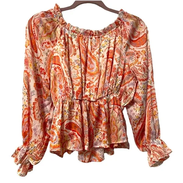 Pink Lily Off the Path Peplum‎ Blouse Orange Paisley Long Sleeve Womens Medium - Image 2