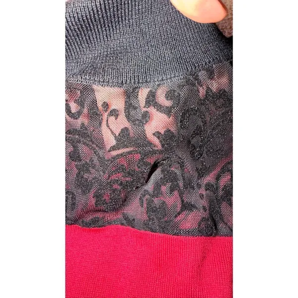 August Silk Heritage Sweater Red Black Velvet Mesh Mock Neck M - Image 2