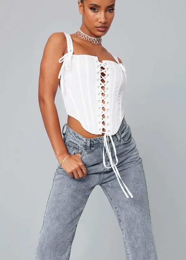 Prettylittlething Cream Velvet Lace Up Top - Image 3
