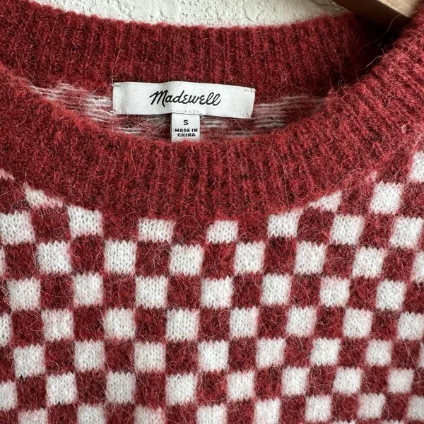Madewell Checkerboard Jacquard Pullover Sweater S Alpaca Boxy Scarlet - Image 9