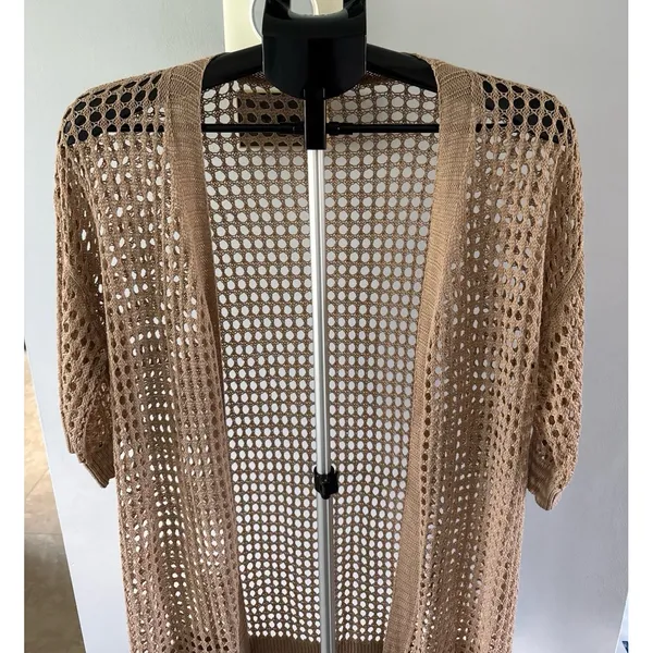 Women's Tan Woven‎ Short Sleeve Cardigan Size Small - Image 2