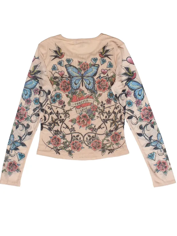 Madden Girl Y2K Tattoo Print Mesh Long Sleeve Top Butterflies Hearts Roses 2XL - Image 3