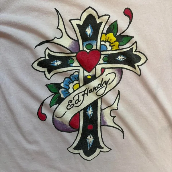 Y2K Ed Hardy Light Purple Cross Graphic Tee M - Image 3