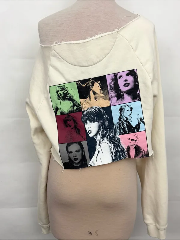 Taylor Swift The Eras Tour Cream Cropped off shoulder Sweatshirt Women Med - Image 3