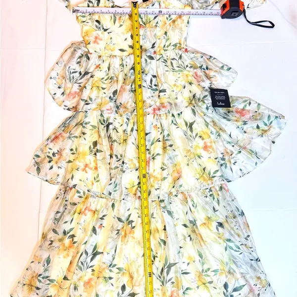 Lulus Yellow Floral Tiered Maxi Dress M Cottagecore Wedding Guest Chiffon NWT - Image 8