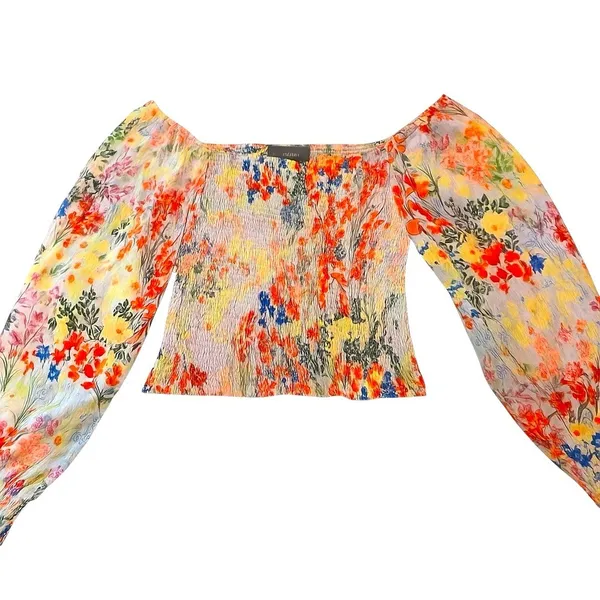 Anthropologie Rouen Floral Smocked Blouse Small Sheer Puff Sleeve Crop Top Boho - Image 6