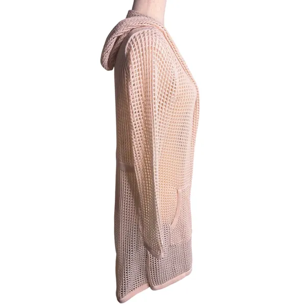 Cream Open Crochet Knit Hooded Long Cardigan Sweater Size M Boho - Image 2