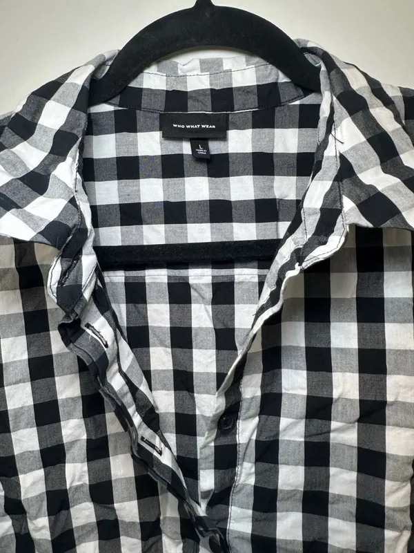 Who What Wear Black White Gingham Short Sleeve Button Up Top Shirt Size L - Image 2