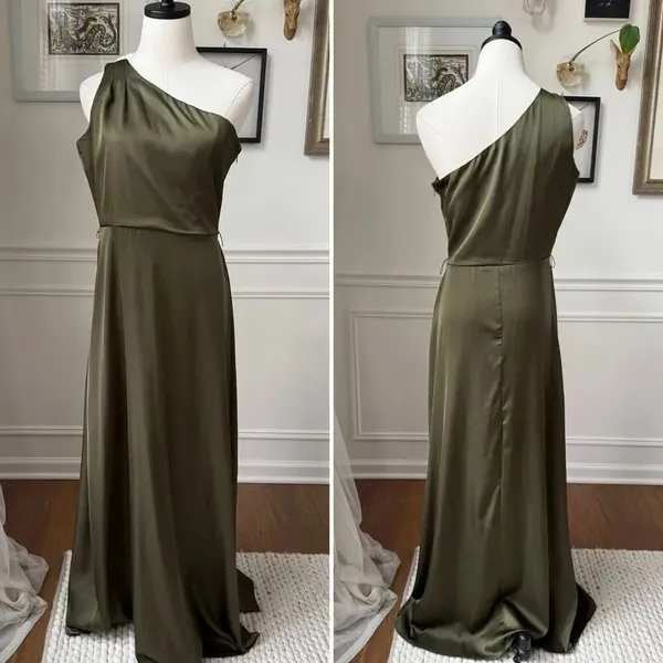 Nicole Miller Satin Olive Ivy Green One Shoulder Dress Size 4 S - Image 2