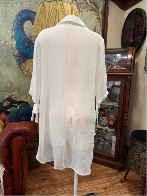 Womens White Gauze Linen Blend Tunic Dress Shirt V-Neck Tie Sleeve Beach Coverup - Image 5