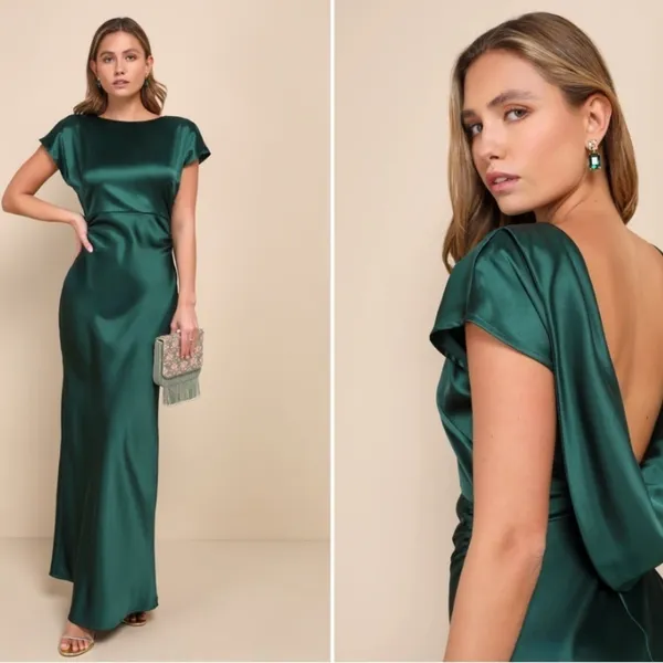 LULU's Elegant Sophisticated Sexy Chic Satin Modest Cowl Back Satin Maxi Dress - Image 2