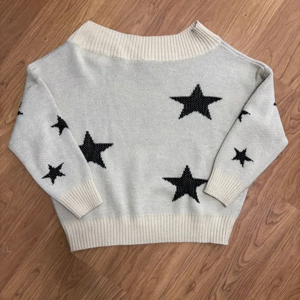 Star Sweater Cream Black Boat Neck Chunky Knit Celestial‎ Casual Cozy XL/2XL - Image 3