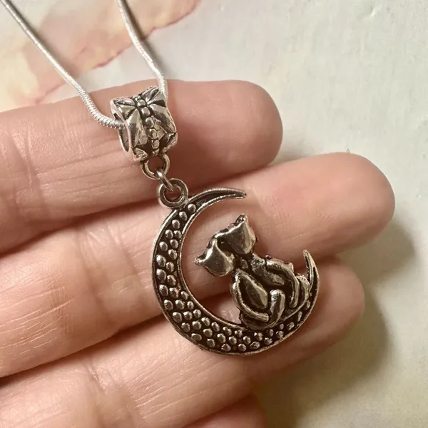 Silver tone cats sitting on moon pendant necklace Silver - Image 7