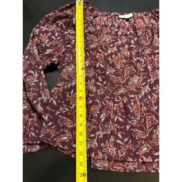LOFT Women XL Burgundy Floral Paisley Peplum Blouse Long Sleeve Crinkle Top - Image 3
