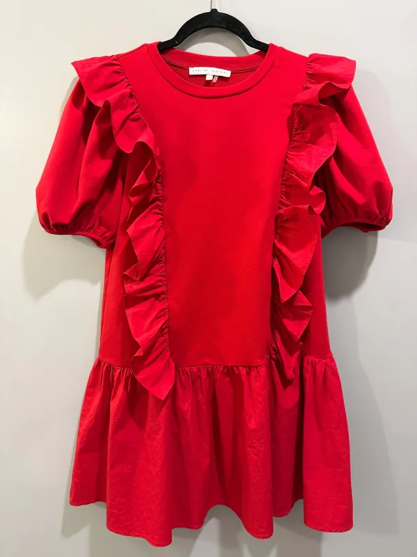 English Factory Mixed Media Ruffle Detail Puff Sleeve Mini Dress Red - Image 3