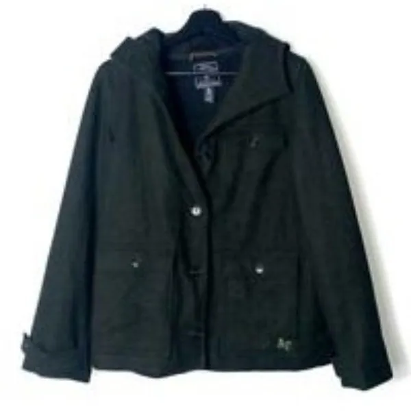 American Eagle Womens Wool Pea Coat Size M Dark Olive Marled Fleece Lined Hooded - Image 3